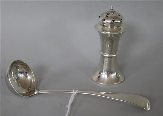 A George V pounce pot and a 19th century Scottish silver cream ladle.
